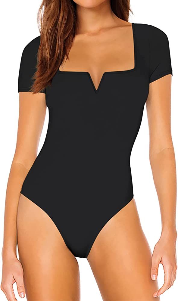 Saungkuai Women's Square Neck Notch V Neck Short Sleeve Thong Bodysuit Tops | Amazon (US)