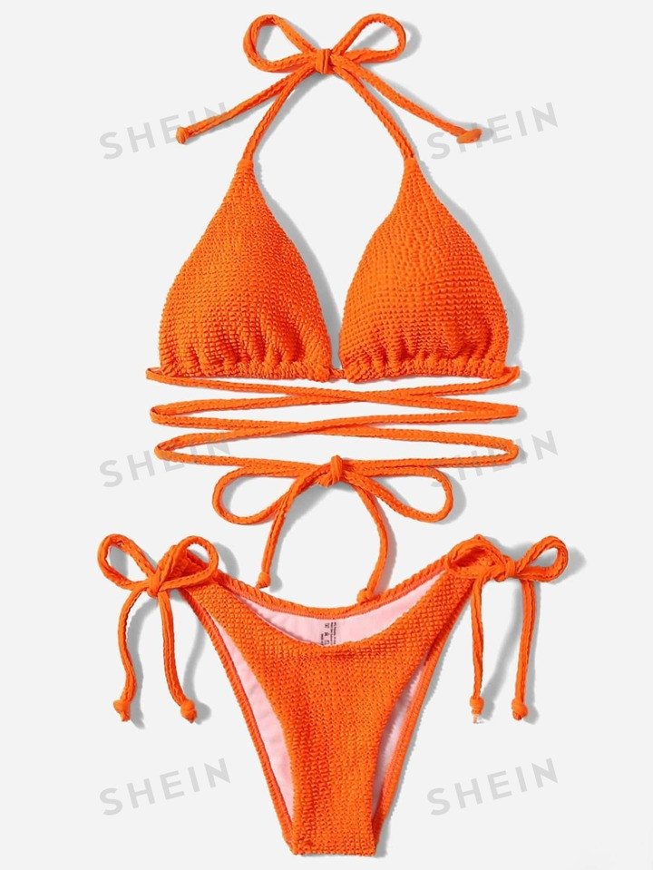 SHEIN Swim Basics Summer Beach Textured Bikini Set Halter Triangle Bra Top & Tie Side Bikini Bott... | SHEIN