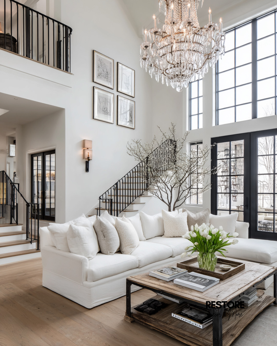 This living room is pure elegance with a touch of cozy 🤍 From the oversized crystal chandelier to the soft neutral pillows and wood accents, it strikes the perfect balance between grand and inviting. Love the look? 

#ElegantLivingRoom #NeutralHomeDecor #ChicInteriors #WhiteSectional #CrystalChandelier #ModernFarmhouseStyle #TransitionalLivingRoom #LTKHome #OpenConceptDesign #RusticMeetsRefined #LivingRoomGoals #InteriorInspo #CozyAndBright #HighCeilingDesign #HomeStylingTips 

 #LTKHome #LTKFindsUnder50 #LTKFindsUnder100