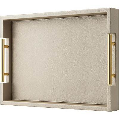 Aoibox Champagne Faux Leather Serving Tray with Handles 17x12 Inch 1 Piece Large Decorative Tray for Ottoman Coffee Table | Target