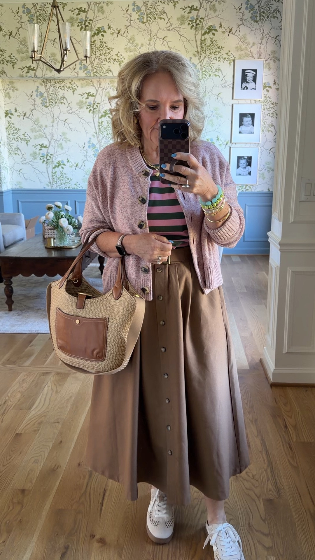 Dress true to size 
Sweater medium 
Use code  NANETTE20 for 20% off this new gorgeous bracelet stack
10% off code NANETTE on the bag! 

#LTKSeasonal #LTKWorkwear #LTKOver40