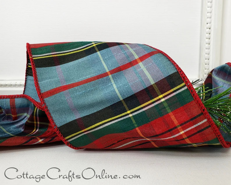 Blue Christmas Wired Ribbon, 4", Dusty Blue, Red, Green Faux Dupioni Tartan Stripe - TEN YARD ROL... | Etsy (Global)