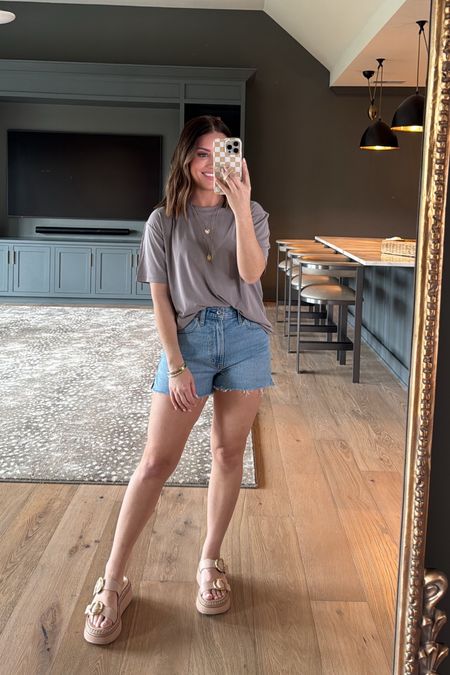 Wearing a 26 in these Abercrombie denim shorts- hands-down my fave denim! I prefer the curve love fit (more room through hips) & the exact name is the Curve Love High Rise Mom Short in the light medium wash. Great classic pair of shorts with an amazing fit! Tee (small) and sandals (tts) also linked! 

#LTKStyleTip #LTKFindsUnder50 #LTKSaleAlert