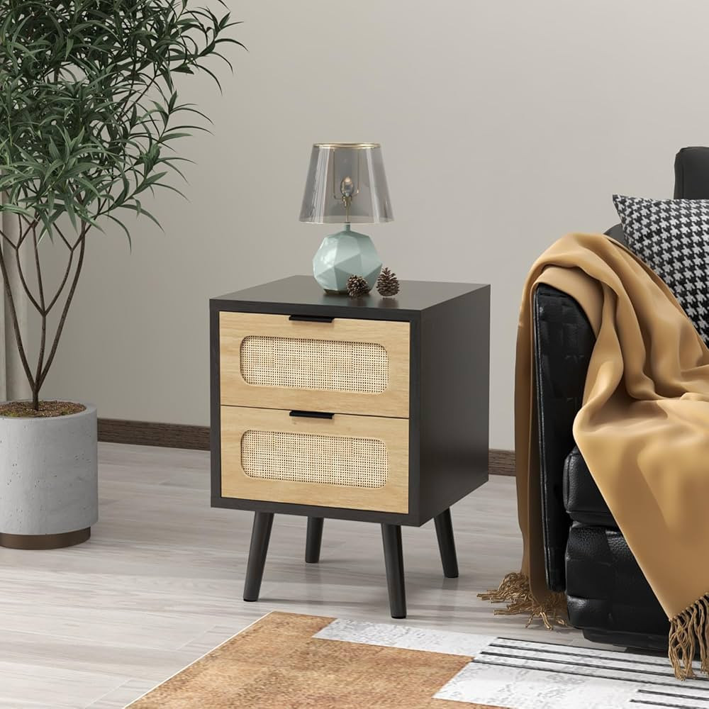 HOPUBUY Nightstands Set of 2 with Rattan Drawer, Modern Night Stand for Bedrooms, Wooden 2 Drawer... | Amazon (US)