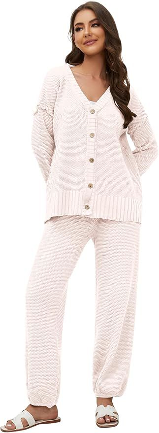 Lauweion Women's Two Piece Sweater Sets Knit Open Front Cardigan and Wide Leg Pants Fall Lounge O... | Amazon (US)