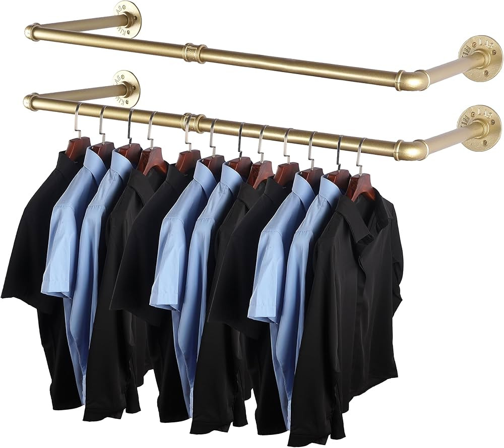 AddGrace 2 Pack Clothes Rack Gold Wall Mounted Industrial Pipe Clothing Rack Heavy Duty Clothes R... | Amazon (US)