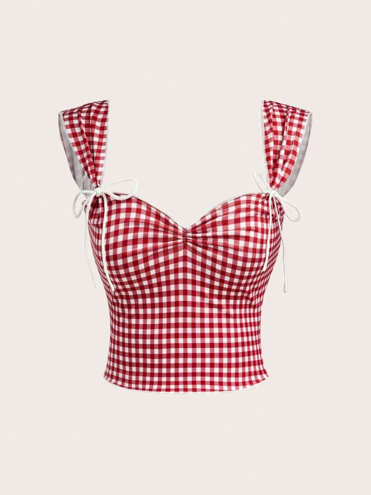 SHEIN EZwear Plaid Sleeveless Top For Women With Sweetheart Neckline And Knotted Front | SHEIN