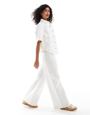 ASOS DESIGN short sleeve shirt with contrast stitch co-ord in off white | ASOS (Global)