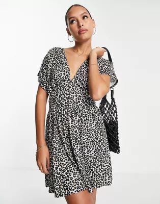 ASOS DESIGN waisted mini tea dress with buttons in leopard print | ASOS (Global)