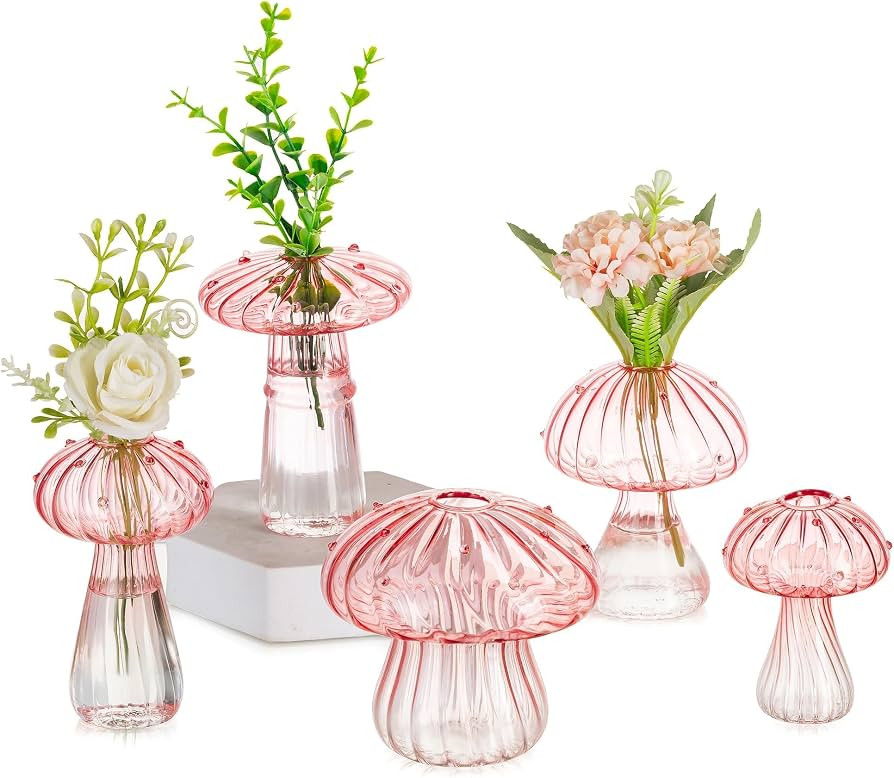 Glasseam Mushroom Glass Bud Vase Set of 5, Pink Small Vases for Flowers | Amazon (US)
