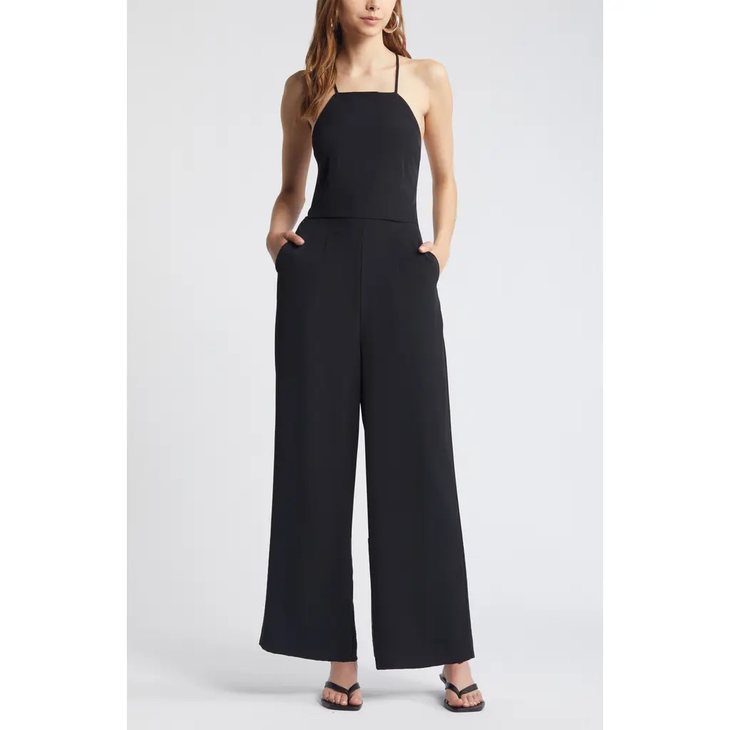 Open Edit Strap Detail Wide Leg Jumpsuit in Black at Nordstrom, Size Large | Nordstrom