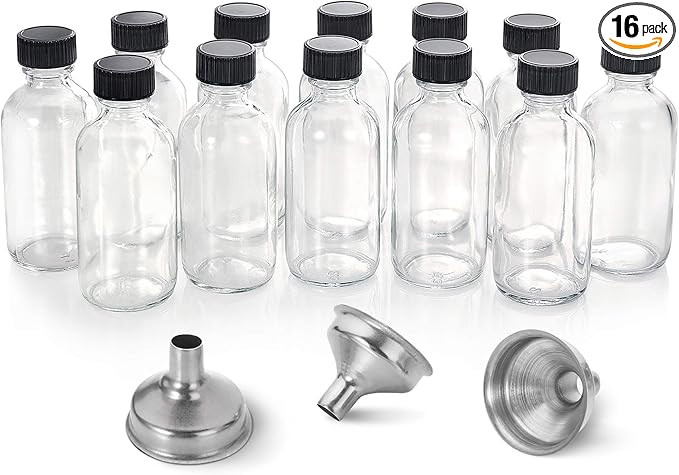 12 Pack, 2 oz Small Clear Glass Bottles w/Lid & 3 Funnels - 60ml Boston Shot Bottles for Health, ... | Amazon (US)