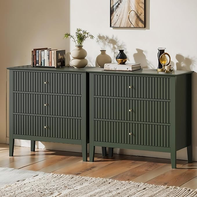 Large Green Fluted 3 Drawer Dresser Set of 2, Chest of Drawers with Ball Bearing Slide Modern 30 ... | Amazon (US)