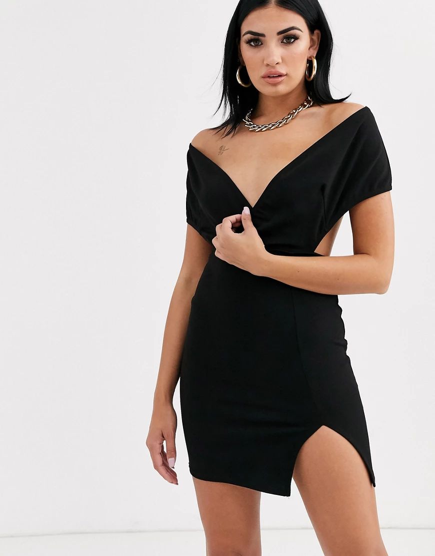 PrettyLittleThing bardot bodycon dress with thigh split in black | ASOS (Global)