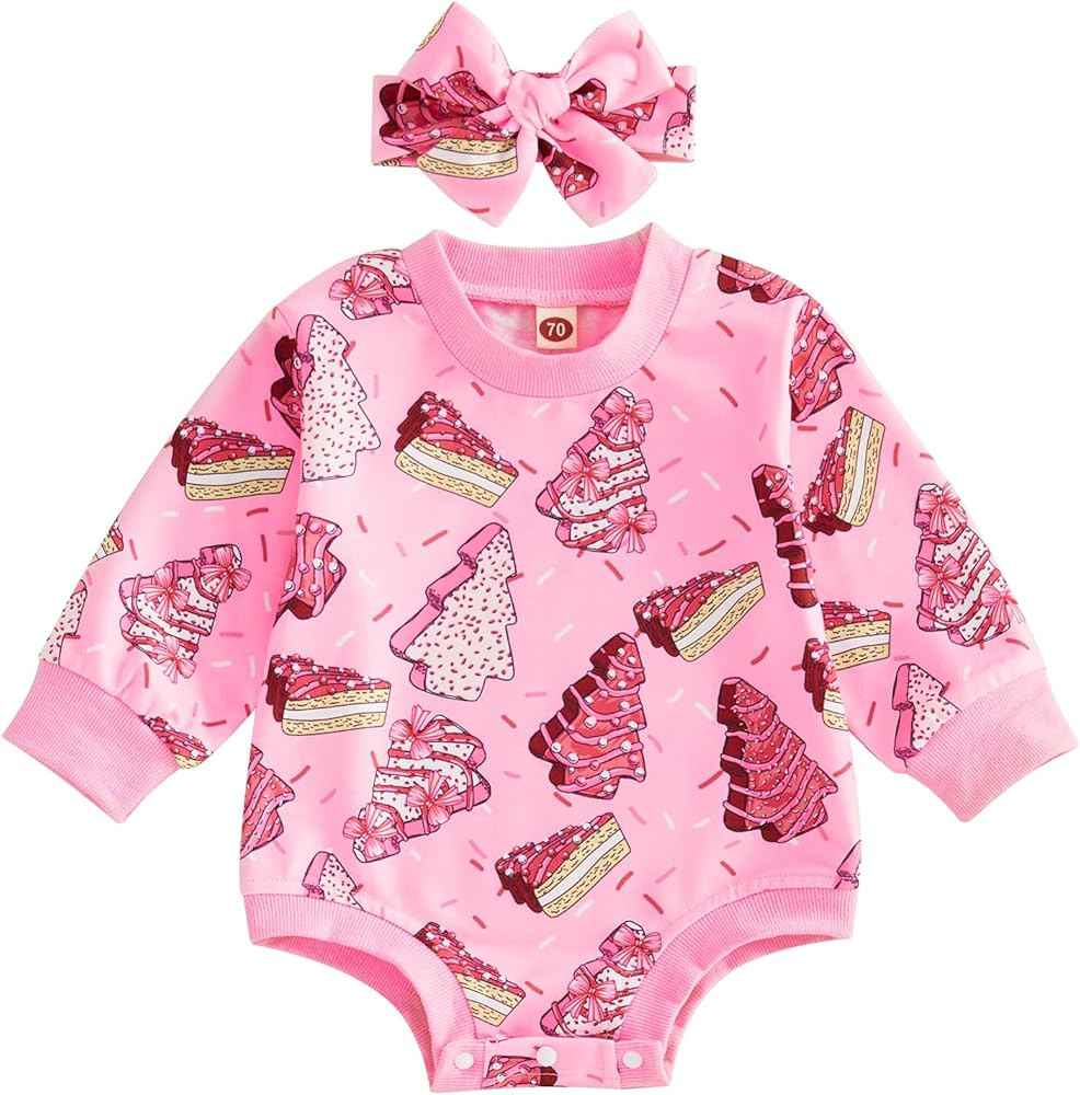 Baby Girl Christmas Outfit Long Sleeve Cookie Print Crewneck Sweatshirt Bubble Romper Infant Long... | Amazon (US)