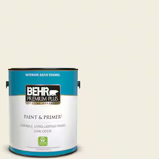 BEHR PREMIUM PLUS 1 gal. #12 Swiss Coffee Satin Enamel Low Odor Interior Paint & Primer 705001 - ... | The Home Depot