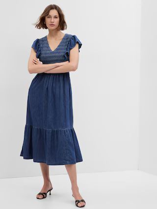 100% Organic Cotton Denim Ruffle Sleeve Smocked Midi Dress with Washwell | Gap (US)
