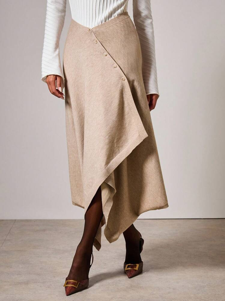 COSMINA Fashionable Commuter Solid Color Wrap Asymmetric Hem Knit Skirt In Fall/Winter | SHEIN