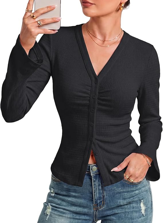 Arolina Women Button Down Ruched Blouse Long Sleeve Y2K Top | Bell Sleeve, V Neck, Business Casua... | Amazon (US)