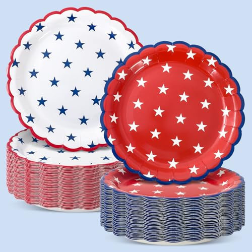 JarThenaAMCS 50 Pcs Patriotic Paper Plates Disposable Plates Red White Blue Star Scalloped Decorative Dinner Plate for Independence Day 250th Anniversary Party Birthday Wedding Decor, 9 Inch | Amazon (US)