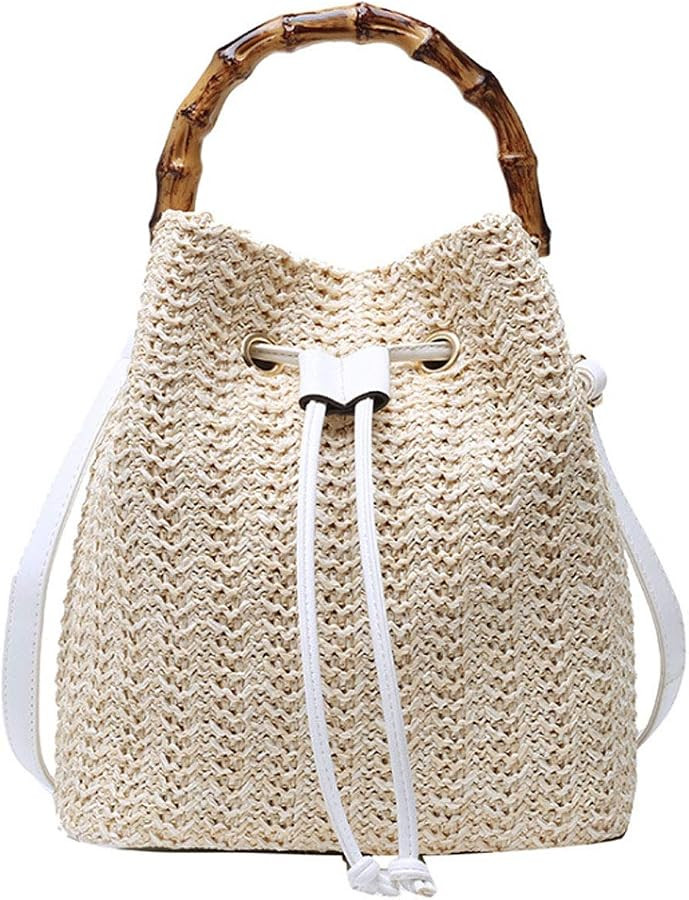 Goclothod Small Drawstring Shoulder Bag Straw Weave Handbag Summer Beach Purse | Amazon (US)