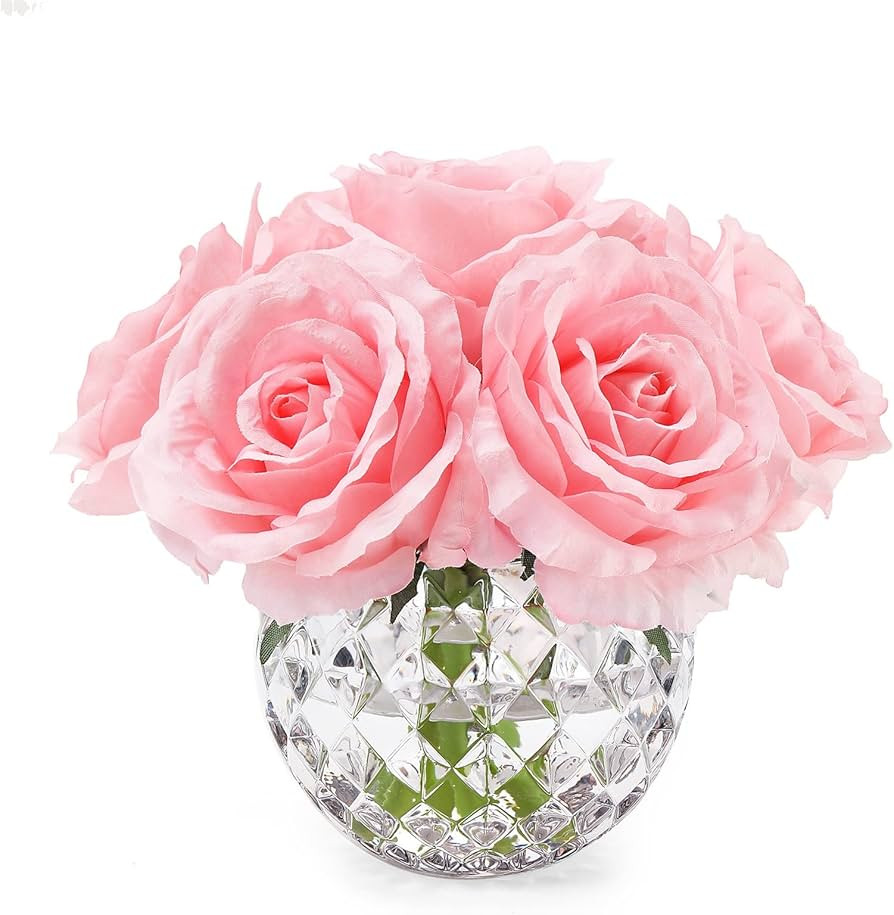 7 Large Stem Rose Artificial Flowers in Vase, Silk Flowers Arrangement in Round Glass Vase Withou... | Amazon (US)