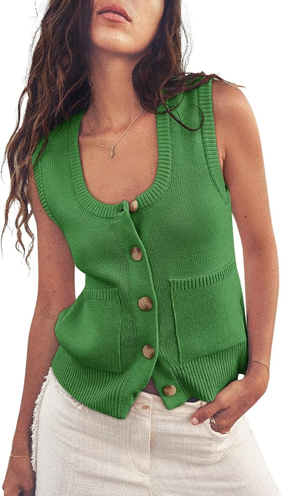 Yousify Womens Sweater Vest Summer Ribbed Tank Tops Sleeveless Button Down Shirts Scoop Neck Top ... | Amazon (US)