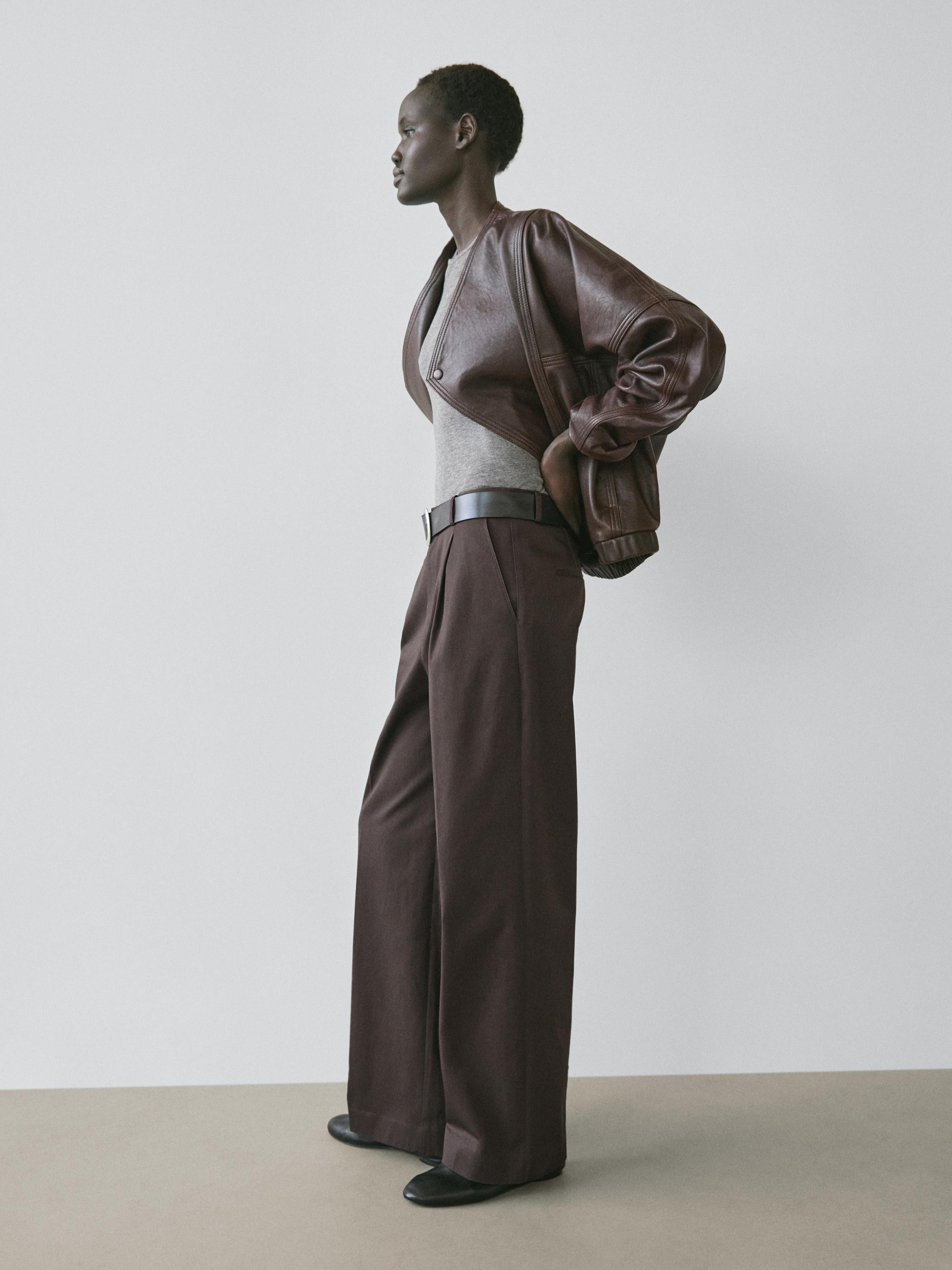 Asymmetric nappa leather bomber jacket | Massimo Dutti UK