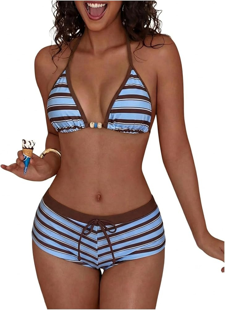 WDIRARA Women's Polka Dots 2 Piece Swimsuit Triangle Halter Bikini Set Boyshorts Bathing Suit | Amazon (US)