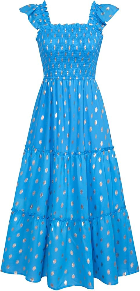 GRACE KARIN Womens Smocked Flowy Summer Dresses A Line Square Neck Flutter Sleeve Ruffle Tiered P... | Amazon (US)