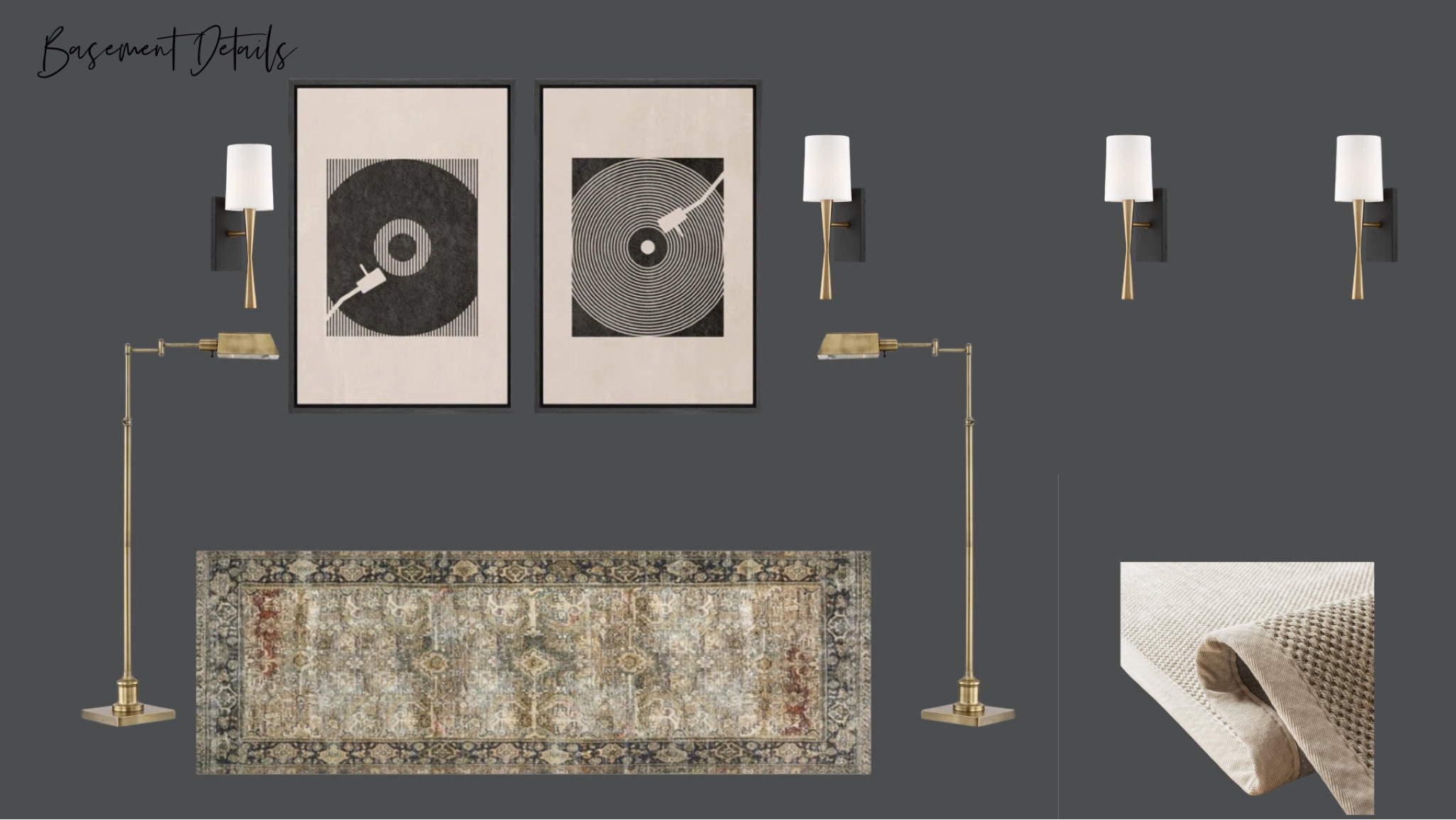Basement Details, Basement Design, Benjamin Moore Paint, cheating heart paint color, gold sconce, black sconce, basement sconce, runner, vintage rug, olive green rug, moody rug, record art, large art, gold reading lamp, gold lamp, sconces, gold fixture 

#LTKHome #LTKFamily #LTKKids