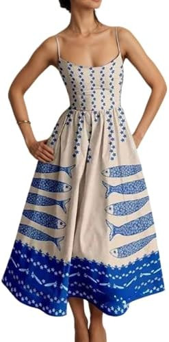 Women's Boho Print Sexy Spaghetti Strap Swing Maxi Dress Sleeveless Beach Sundress Back Smocked F... | Amazon (US)