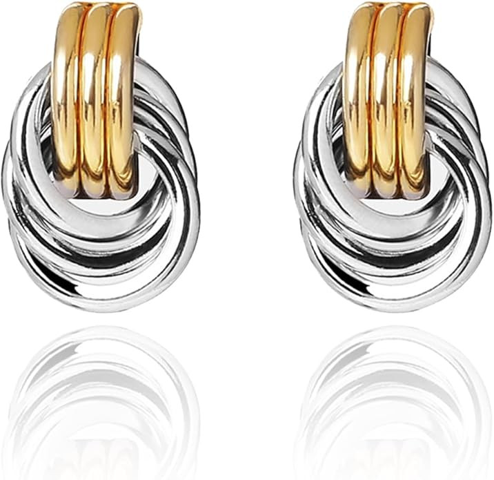 Gold and Silver Two Tone Knot Earrings for Women Gold Statement Earrings Elegant Chunky Double Ho... | Amazon (US)