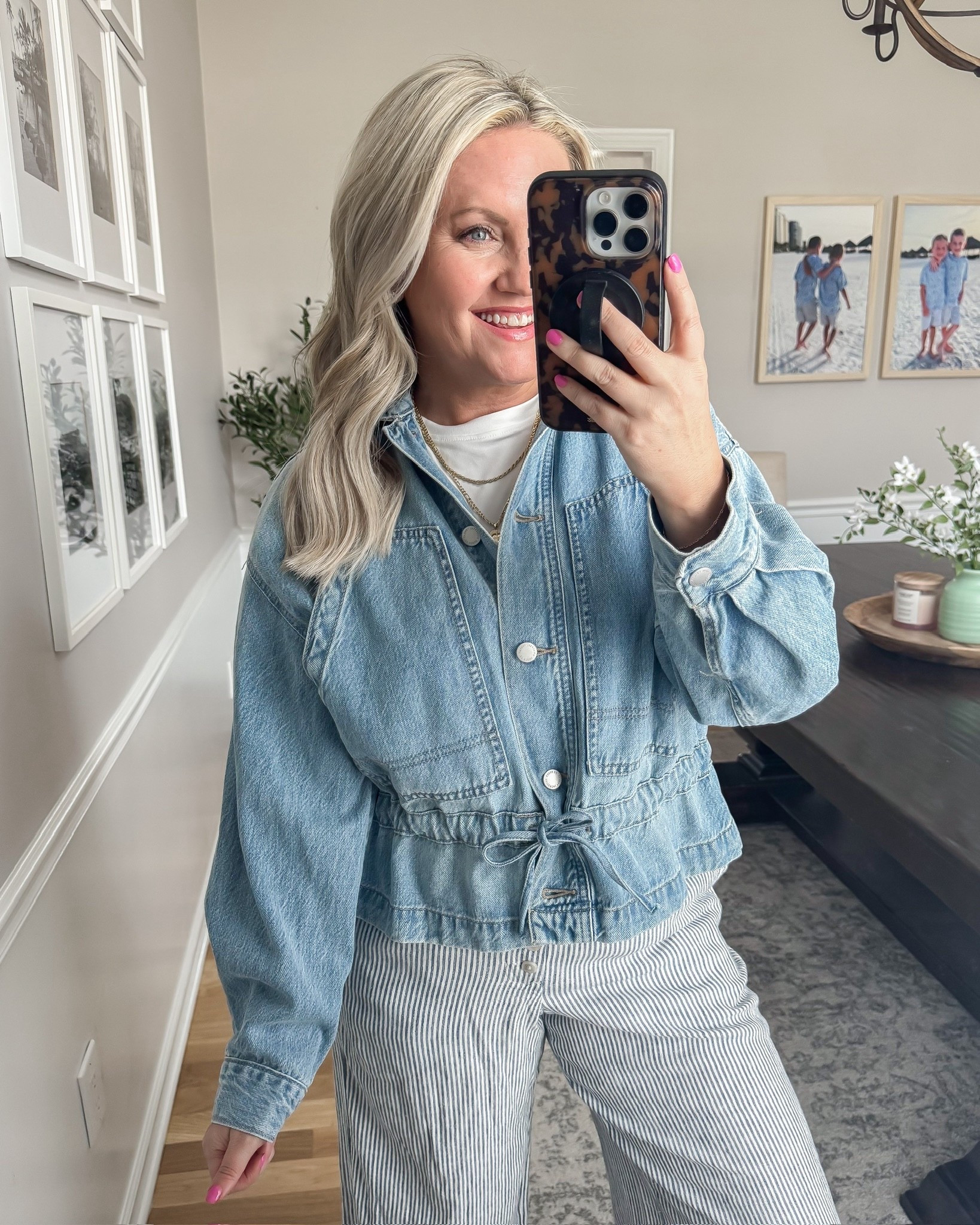 This denim jacket with a cinch detail paired with striped linen blend pants is such an effortless spring look. The structured jacket balances the lightweight, flowy pants perfectly, making it feel polished but still relaxed for everyday wear.

Wearing size small.

spring outfit ideas denim jacket outfit striped linen pants outfit casual spring outfit effortless style everyday outfit ideas neutral spring outfit womens spring fashion comfy chic outfit lovelylifestyling

#LTKSeasonal #LTKmomlife #LTKWorkwear