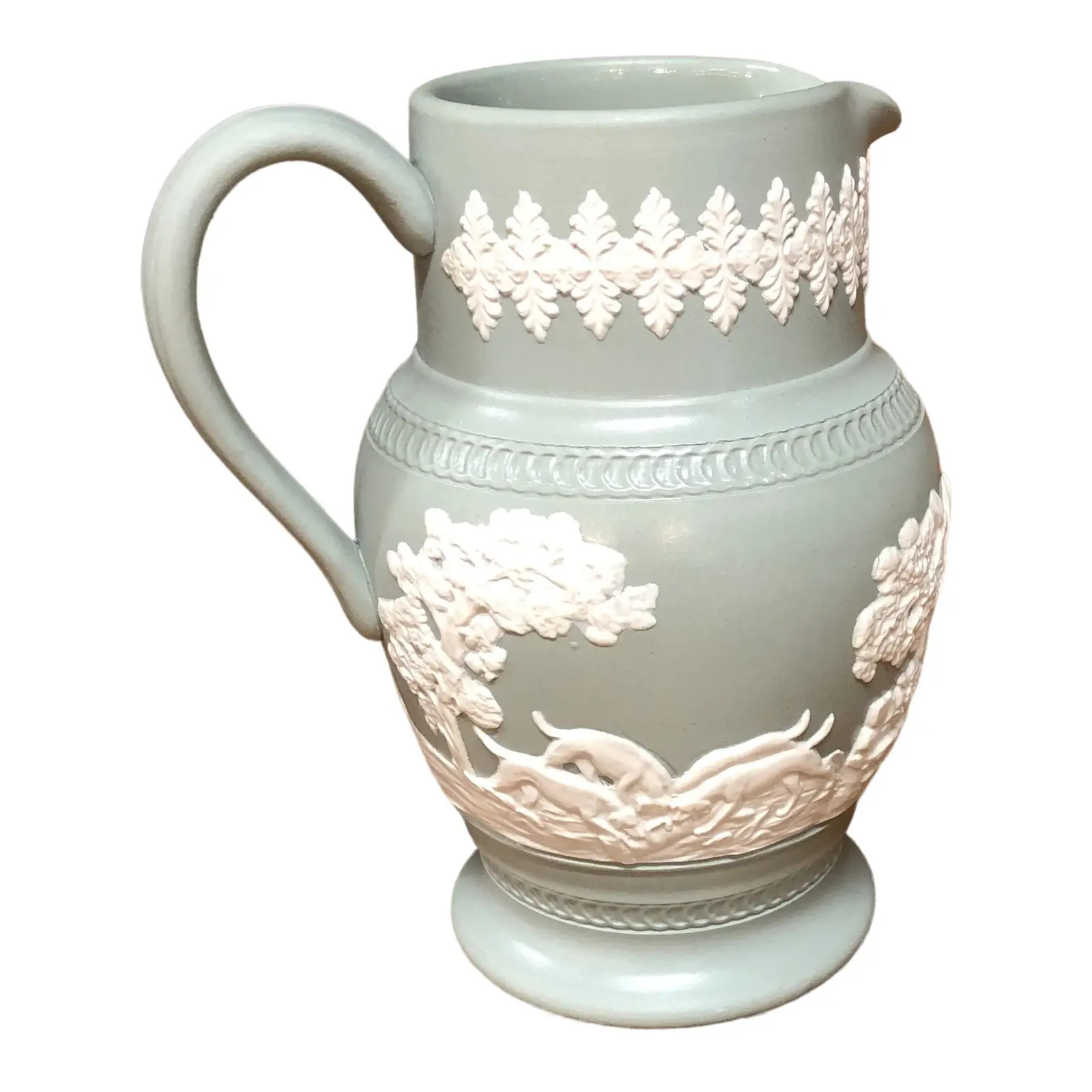 Vintage Pale Green Jasperware Hunt Scene Pitcher | Chairish
