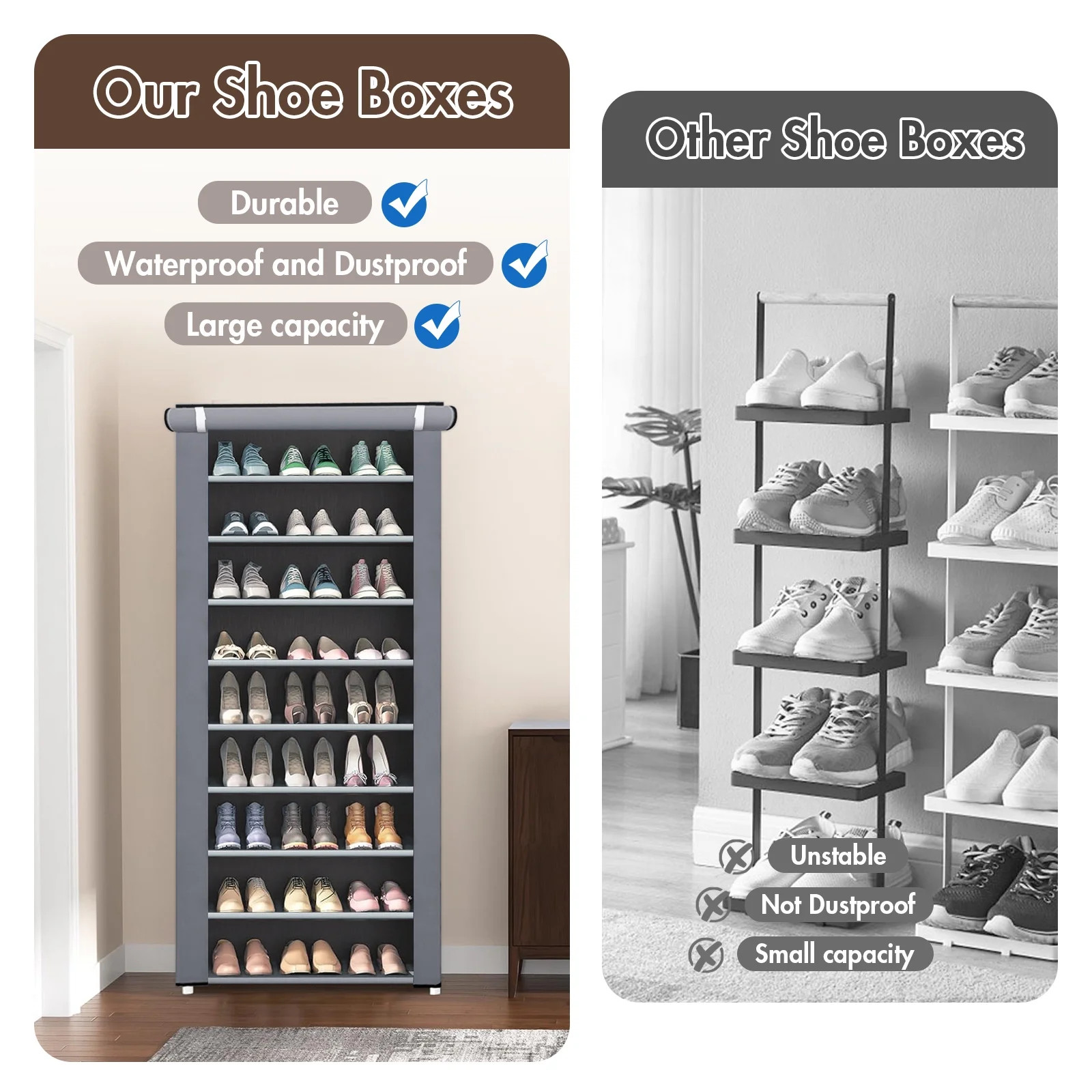 BAOKALER 10-Tier Tall Shoe Rack Shelf, 27 Pairs Closet Shoe Organizer Storage with Cover, 9 Latti... | Walmart (US)