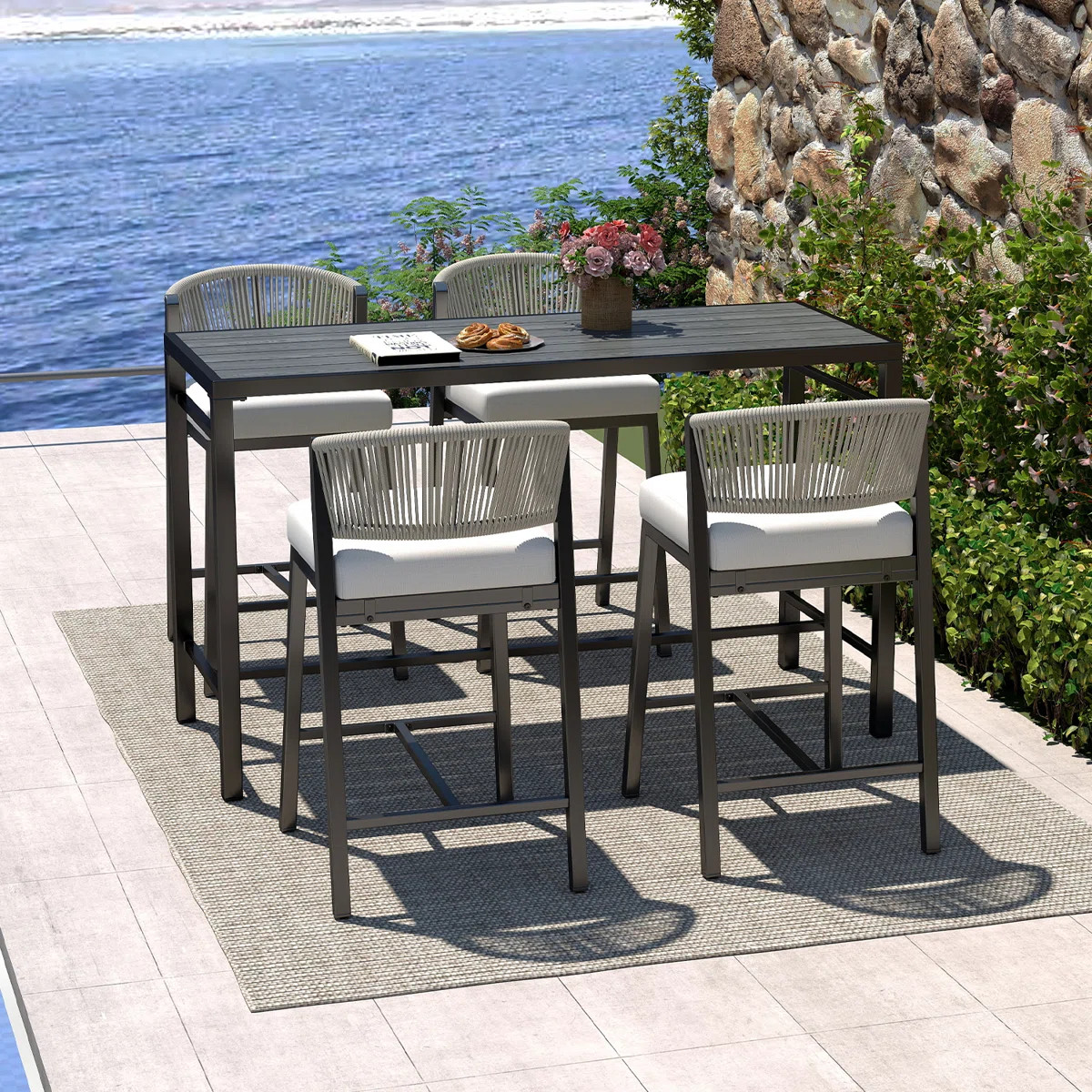 5-Piece Modern Aluminum Indoor Outdoor Dining Set, Rope Woven Patio Bar Set with Rectangular Tabl... | Wayfair North America