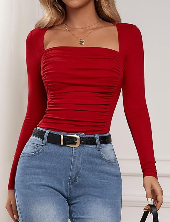 Womens Square Neck Tops Ruched Long Sleeve Tight Going Out Sexy Shirts Tunic to Wear with Legging... | Amazon (US)