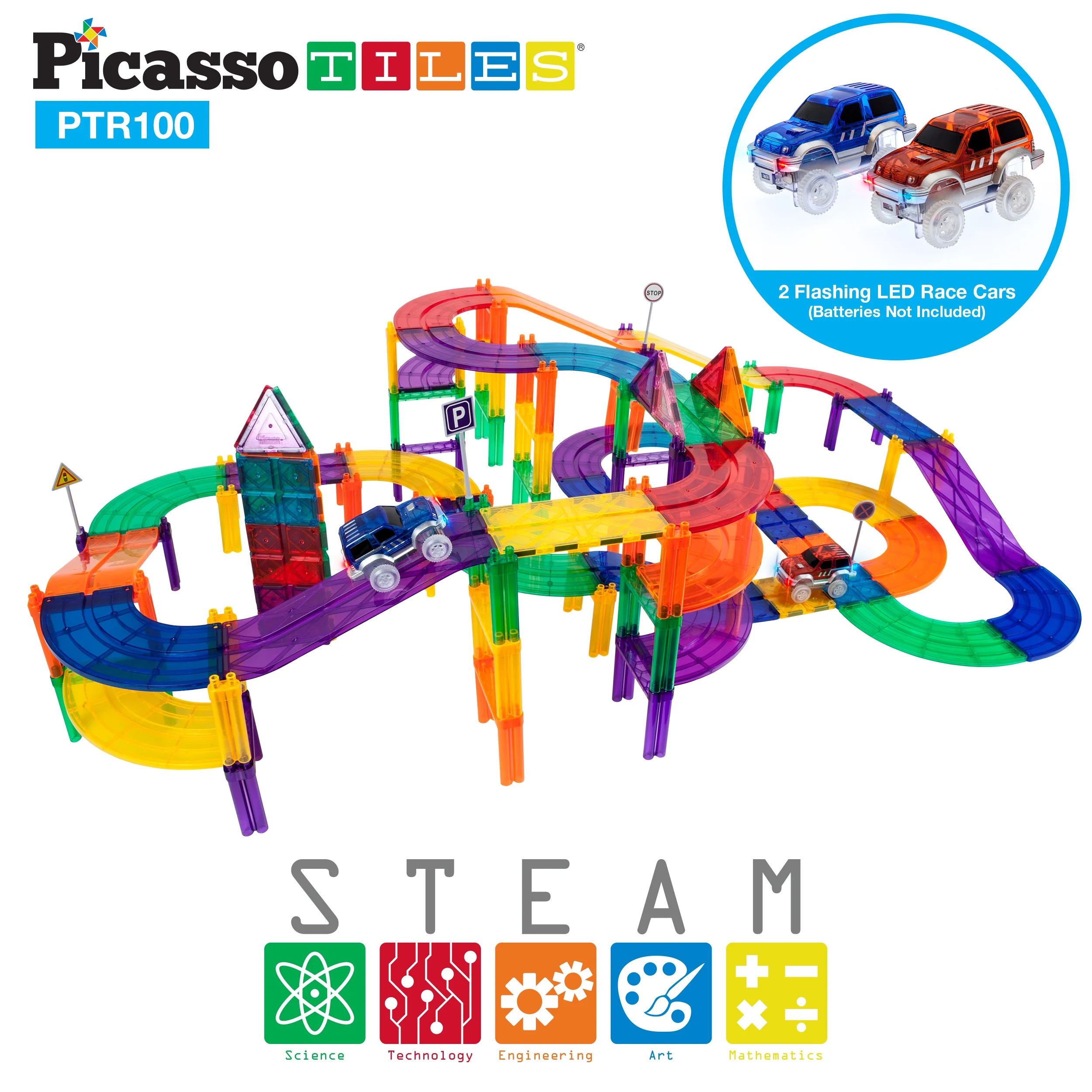 PicassoTiles 100 Piece Race Car Track Magnet Playset 2 LED Cars STEM Learning Construction | Walmart (US)