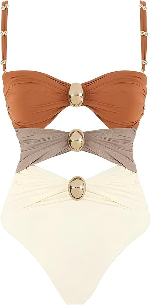 Women's Cutout One Piece Swimsuit Ruched Color Block Bathing Suit Tummy Control High Waisted Swim... | Amazon (US)