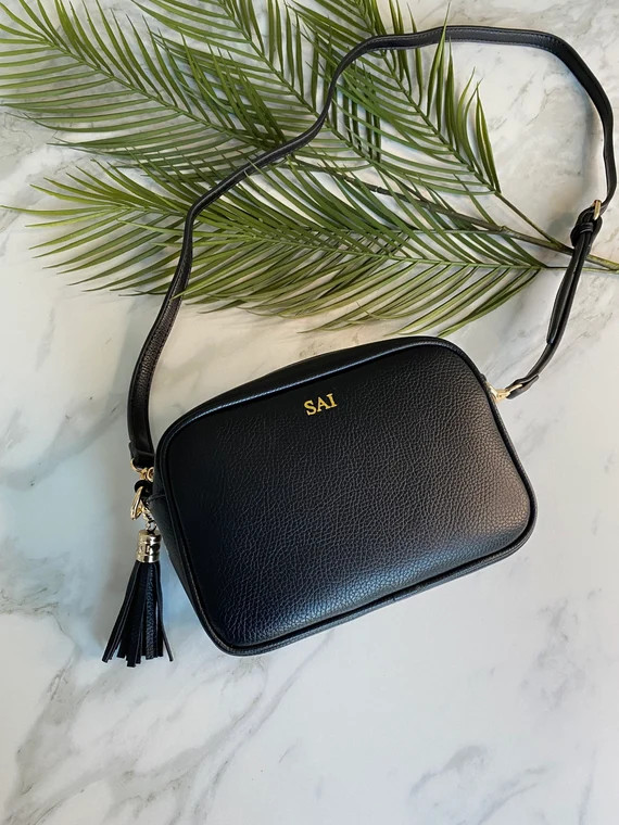 BLACK Vegan Cross Body Messenger Camera Bag, Personalised, Monogram initials, Gift For Her, Gift ... | Etsy (US)