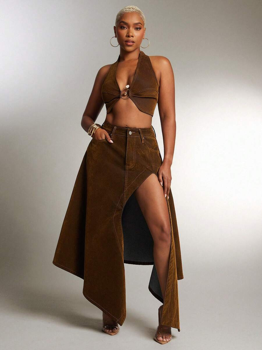 Denimoi Asymmetrical Slit Denim Skirt, Fashionable, Denim Midi Skirt, High Slit Skirt, Sexy Skirt | SHEIN