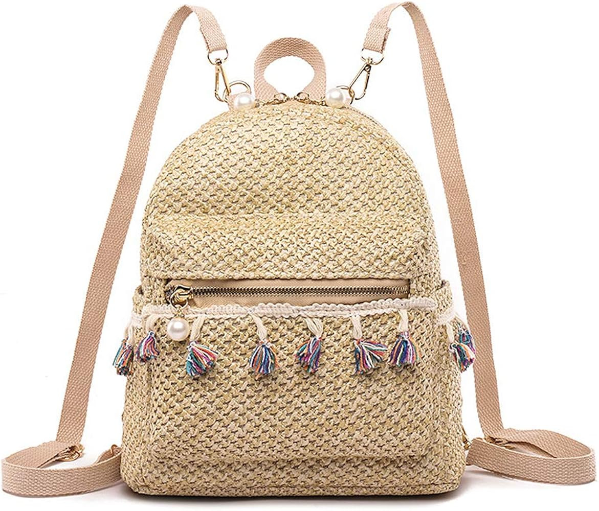 Mellshy Women Straw Backpack Shoulder Bag Casual Daypack Summer Beach Woven Bags with Tassels (Be... | Amazon (US)