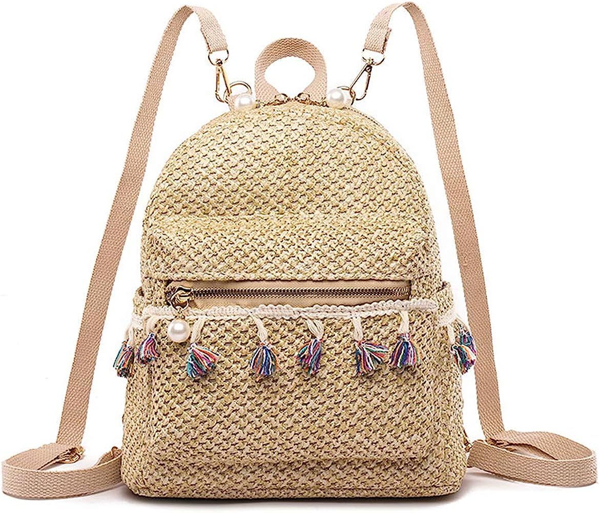 Mellshy Women Straw Backpack Shoulder Bag Casual Daypack Summer Beach Woven Bags with Tassels (Be... | Amazon (US)