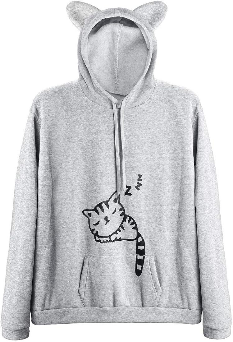 Women Teen Girls Cat Hoodie Sweatshirt Cute Cat Ear Sleeping Cat Printed Pullover Sweatshirt | Amazon (US)