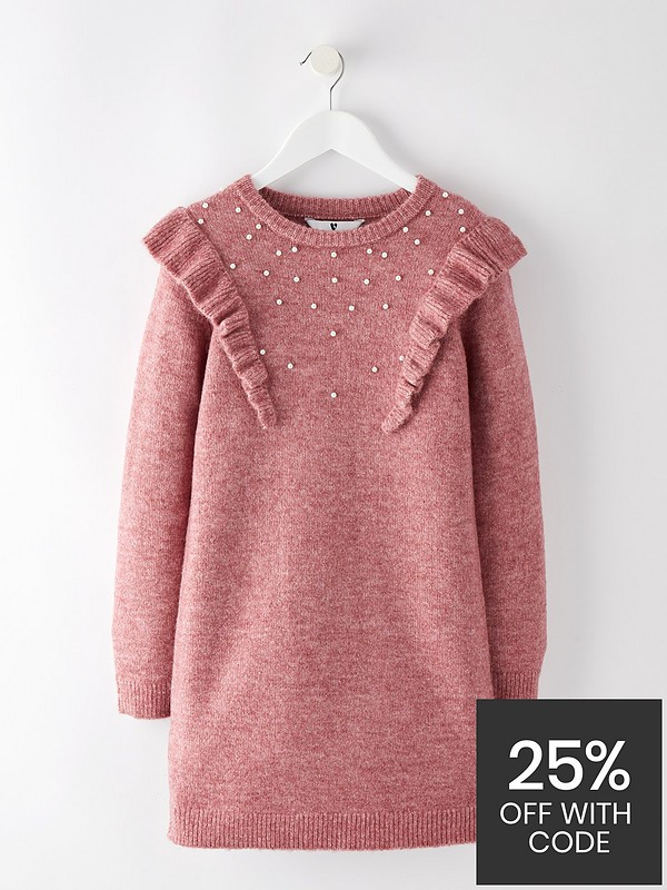 Girls Knitted Pearl Frill Dress - Pink | Very (UK)
