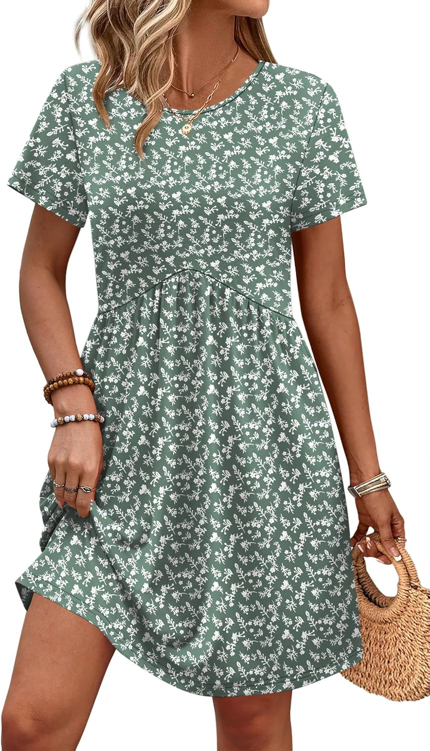 OFEEFAN Spring Dresses for Women 2026 Short Sleeve Crew Neck Casual Dresses Empire Waist Maternity Dress with Pockets | Amazon (US)