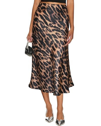 Yewanka Women's Silk Satin Midi Skirt Elastic High Waisted A-Line Cheetah Print Leopard Long Skirts for Women Trendy | Amazon (US)