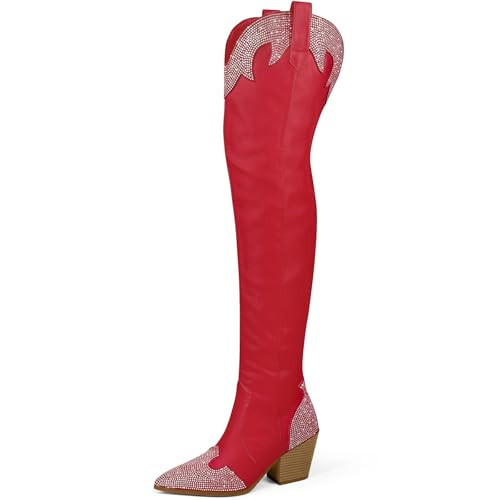 MUCCCUTE Cowboy Boots for Women Red Thigh High Boots - Fashion Cowgirl Over The Knee Boots with Rhinestone - Pointed Toe Chunky Heels Side Zipper Fall Tall Boots for Ladies | Amazon (US)