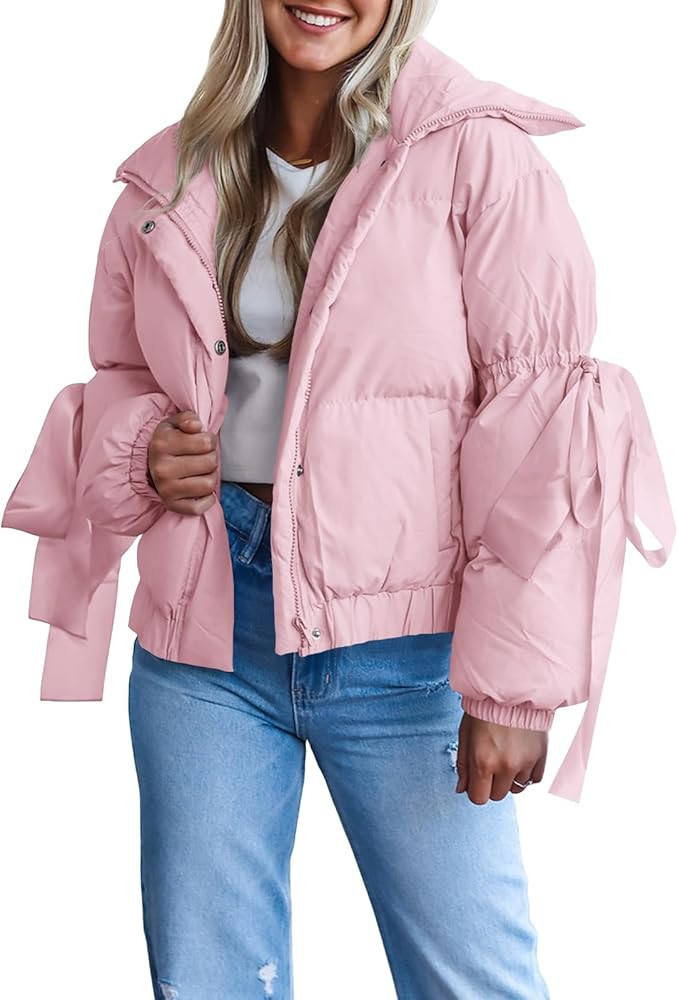 Tankaneo Womens Bow Puffer Jacket Winter Warm Cropped Quilted Jackets Baggy Short Down Coats | Amazon (US)